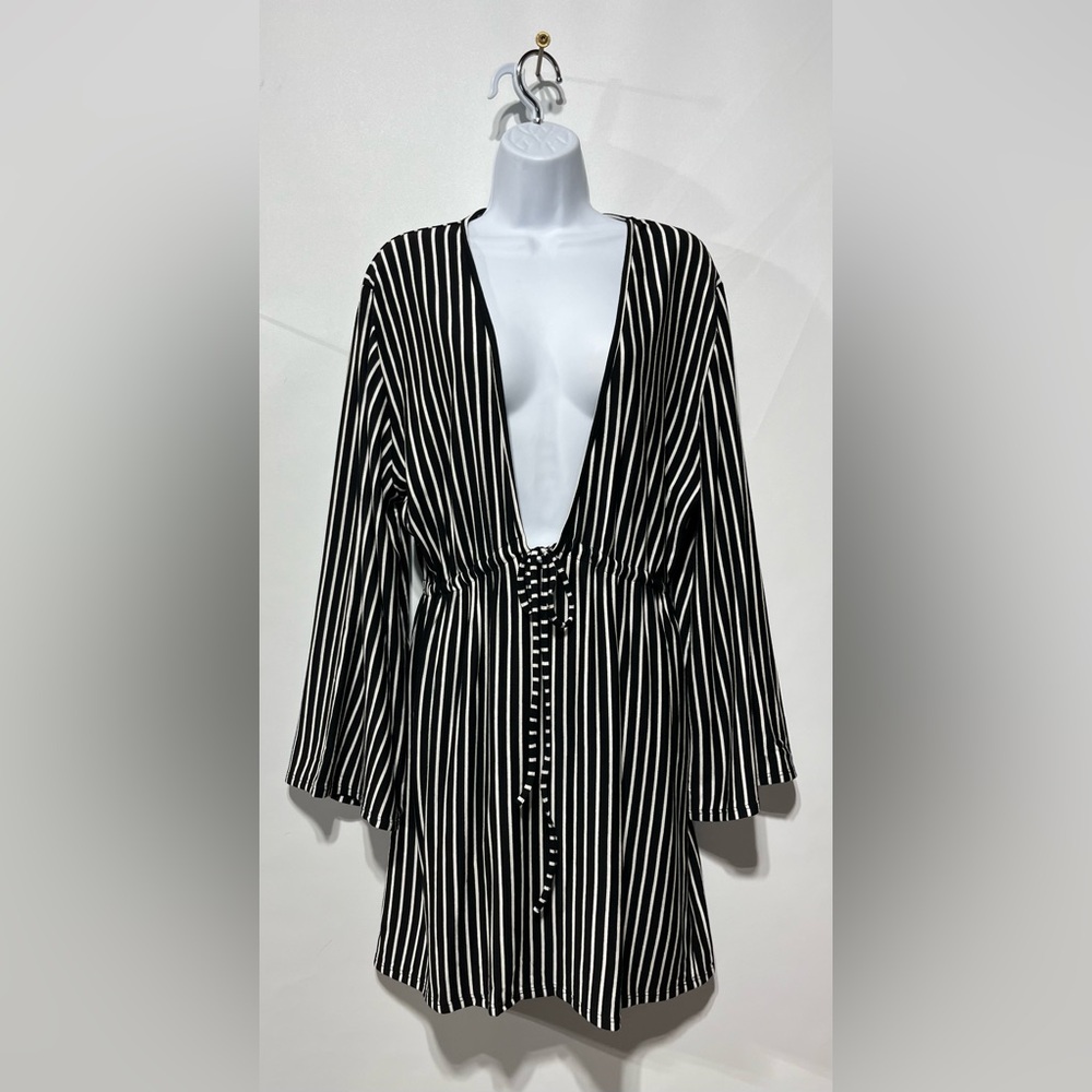 YANA K Eve Tunic Black-White Stripe French Terry Fleece Dress Size‎ Large NWT